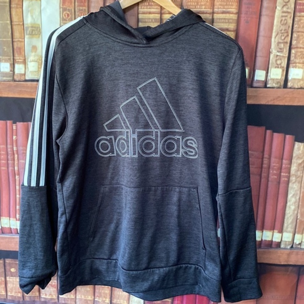 Adidas dark gray pull over hoodie with signature three stripes on arms
